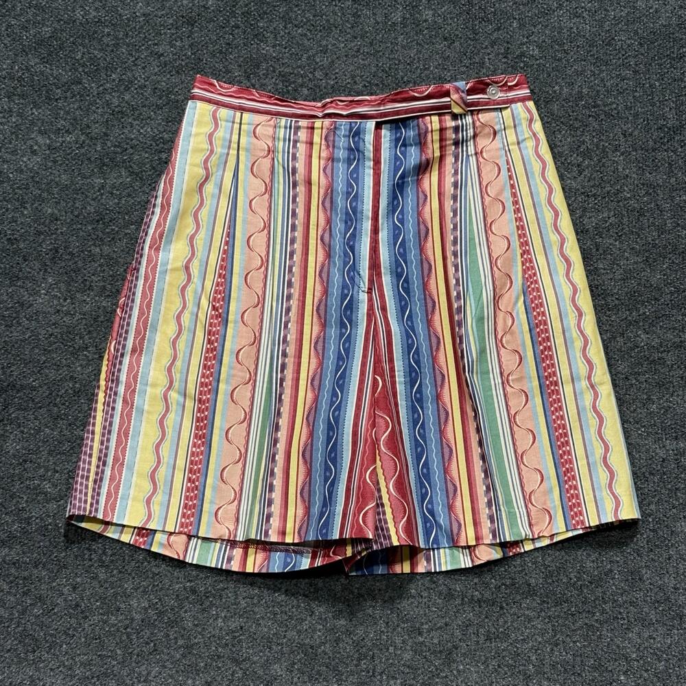 Marcia Shorts Womens 12 Blue Red Stripe Pleated Bermuda Cotton Elastic Waist